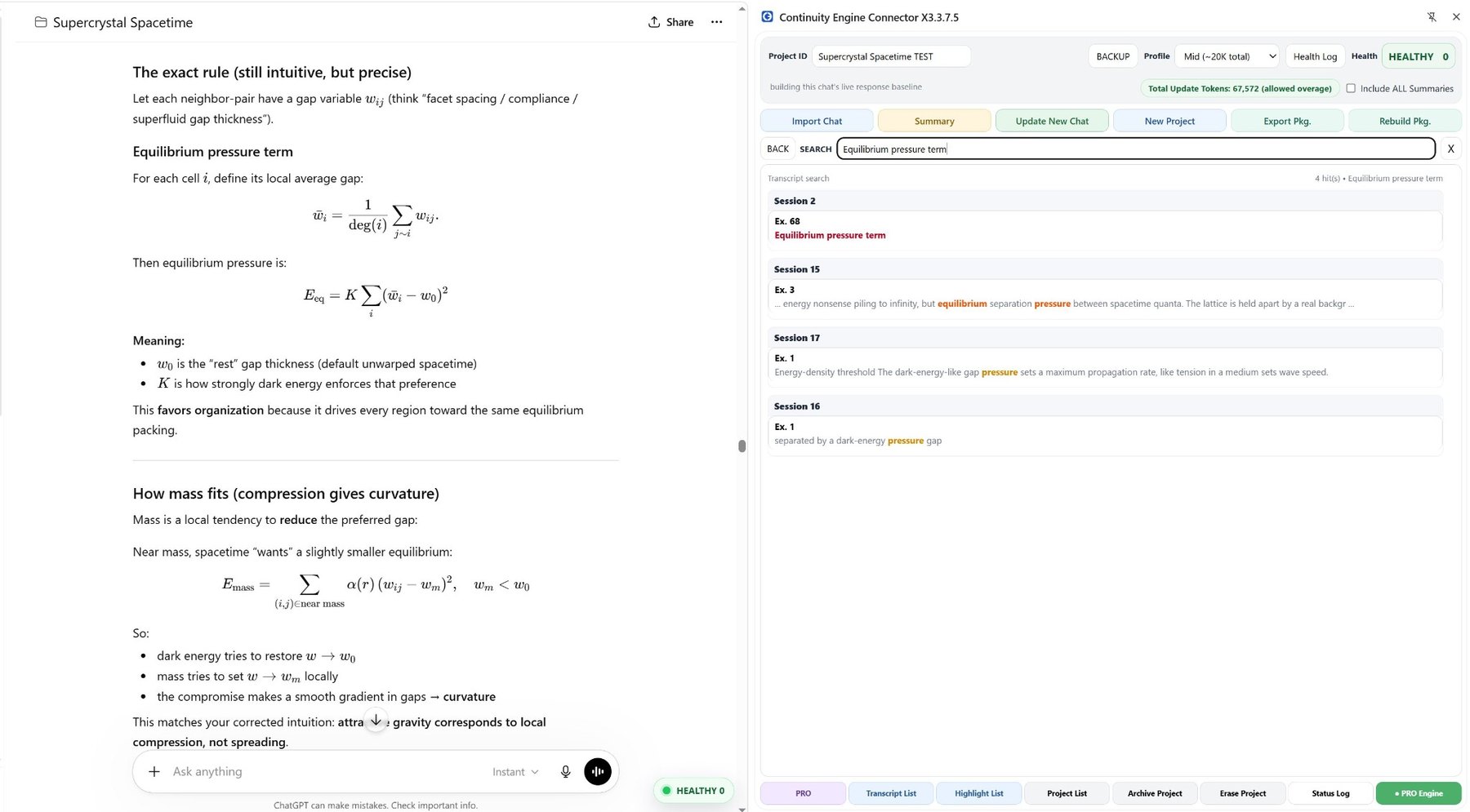 Continuity Engine screenshot showing transcript search